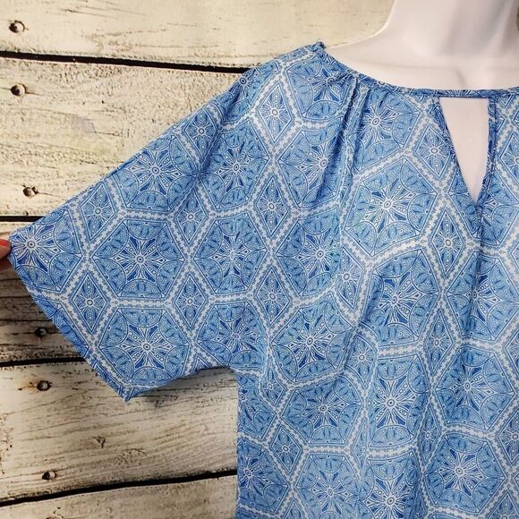 Worthington Blue Keyhole Blouse Women's Large | Geometric Print Short Sleeve Top - Picture 2 of 6